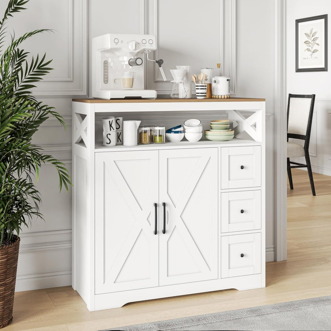 Sideboard mit 3 Schubladen, verstellbaren Ablagen und offenen Ablagen