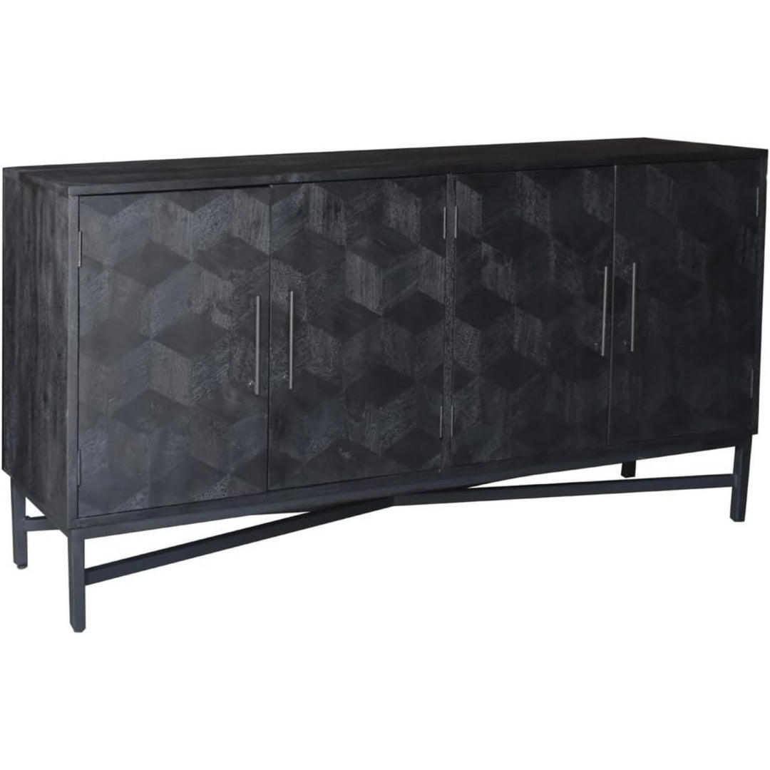 Ein Metallgestell an dem Sideboard aus Metall und Mangoholz