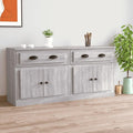 Das Sideboard misst 70 x 35.5 x 67.5 cm in Eichenbraun und Grau
