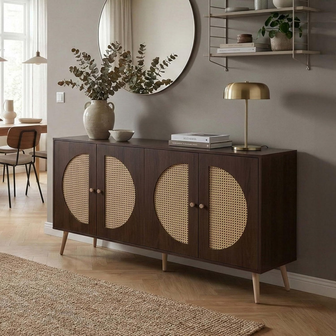 Sideboard verbindet Flechtoptik und beschichtete Flaechen