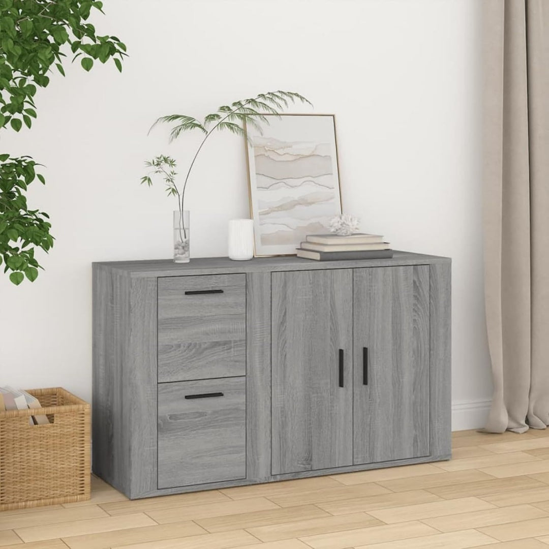 Das Sideboard misst 100 cm in Eichenbraun und Grau